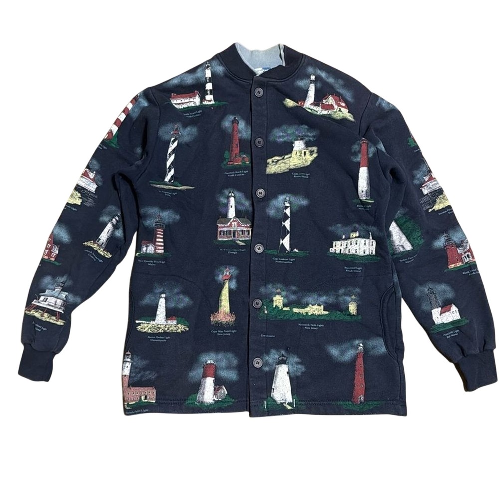 Art Unlimited Sportswear Women's Lighthouse Button Up Sweater Blue Medium